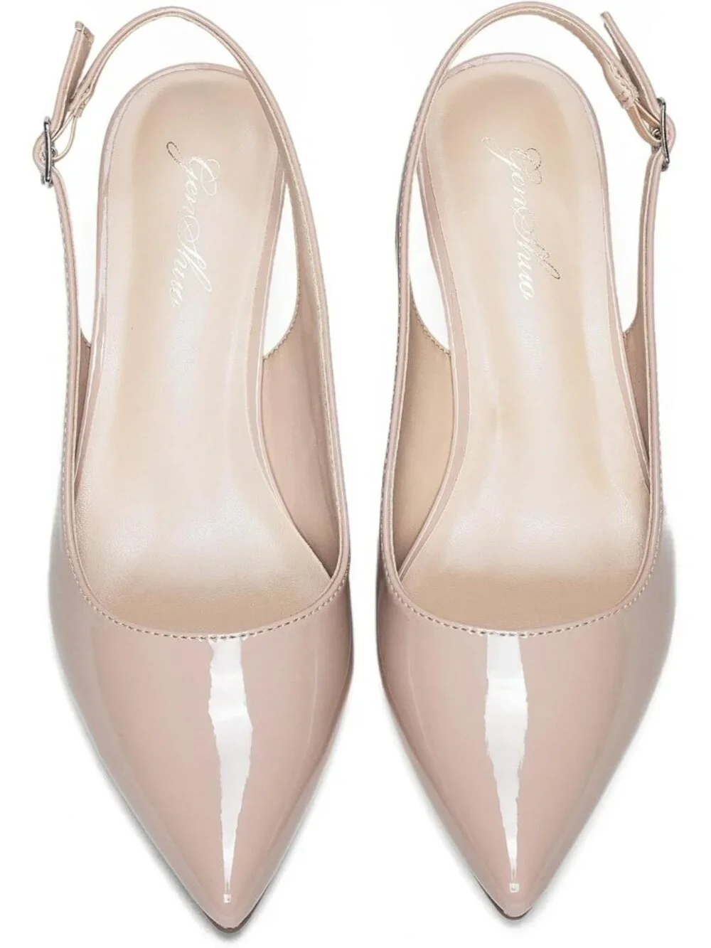 Women's Nude Pink Patent Slingback Pump Closed Toe Elegant Low Kitten Heel Shoes
